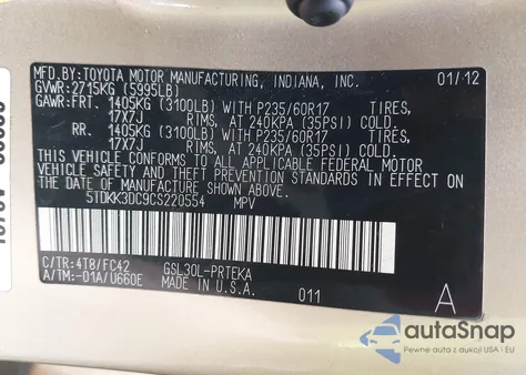 2012 Toyota Sienna Le V6 8 Passenger z USA, uszkodzony, nr VIN 5TDKK3DC9CS220554